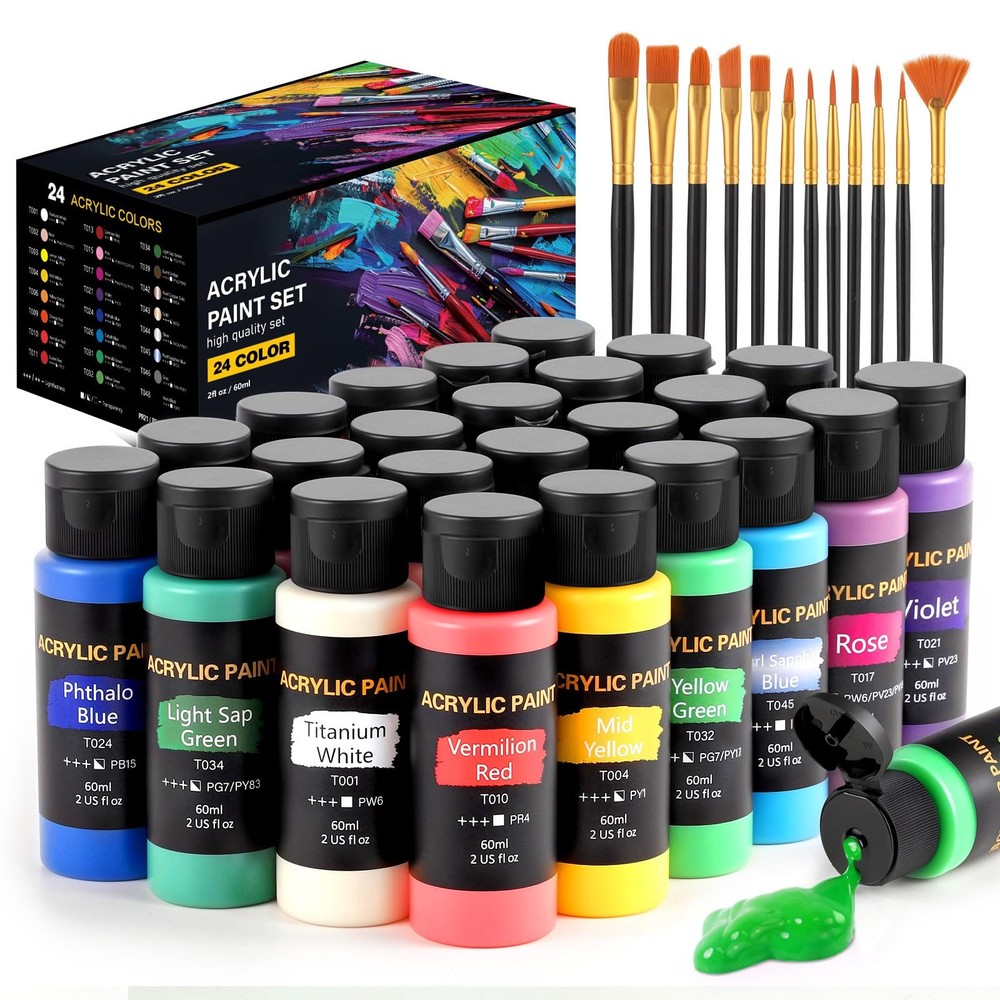 TMOL Acrylic Paint Set, 24 Colors (2 oz/Bottle) with 12 Art Brushes, Art Supp…