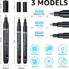 3PCS Liquid Mirror Chrome Marker Set Silver Metallic Paint Pens 0.7/1/3mm
