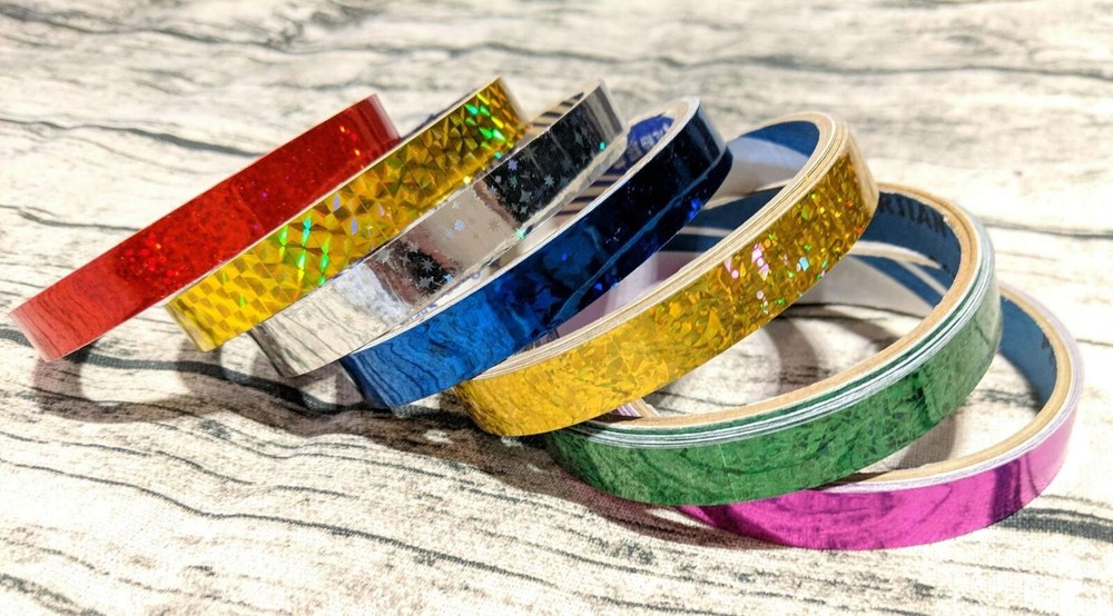 7x Prism TAPES Gold Red Green Blue Silver Pink Holographic Coloured 12mm Twinkle