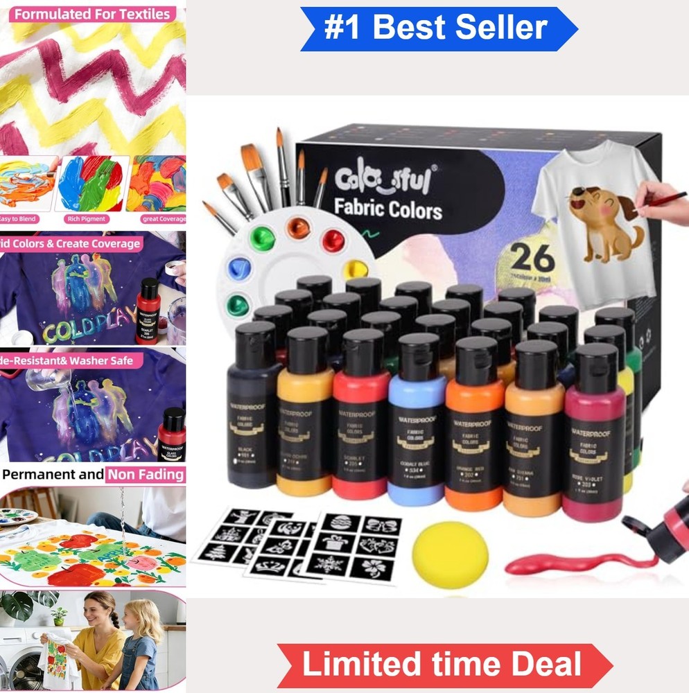 Fabric Paint Set 26 Colors 1oz Bottles Non Toxic Washable For Clothes Tote