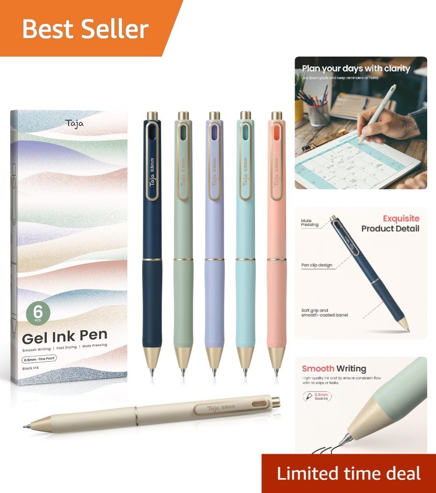 Black Ink Gel Pens 6 Pack with Retractable Fine Point for Writing