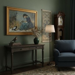Vintage Gold Framed Canvas Wall Art, Girl Magpie Poster Artwork, Dark Moody P…