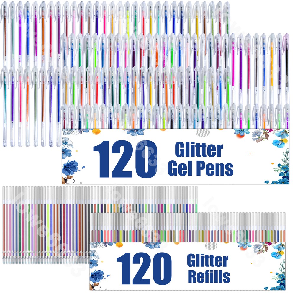 120PC Glitter Gel Pens + 120PC Refills Unique Colors for Coloring Books Drawing