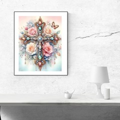 DIY Cross Paint by Numbers Kit on Canvas for Adults,Easy Flowers Cross Paint by