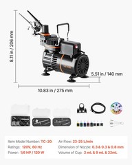 VEVOR Airbrush Kit Air Brush Kit 1/6 HP Air Compressor 3 Airbrushes 3 Tips 2 Fan