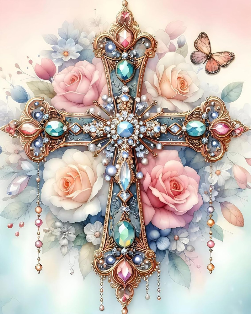 DIY Cross Paint by Numbers Kit on Canvas for Adults,Easy Flowers Cross Paint by