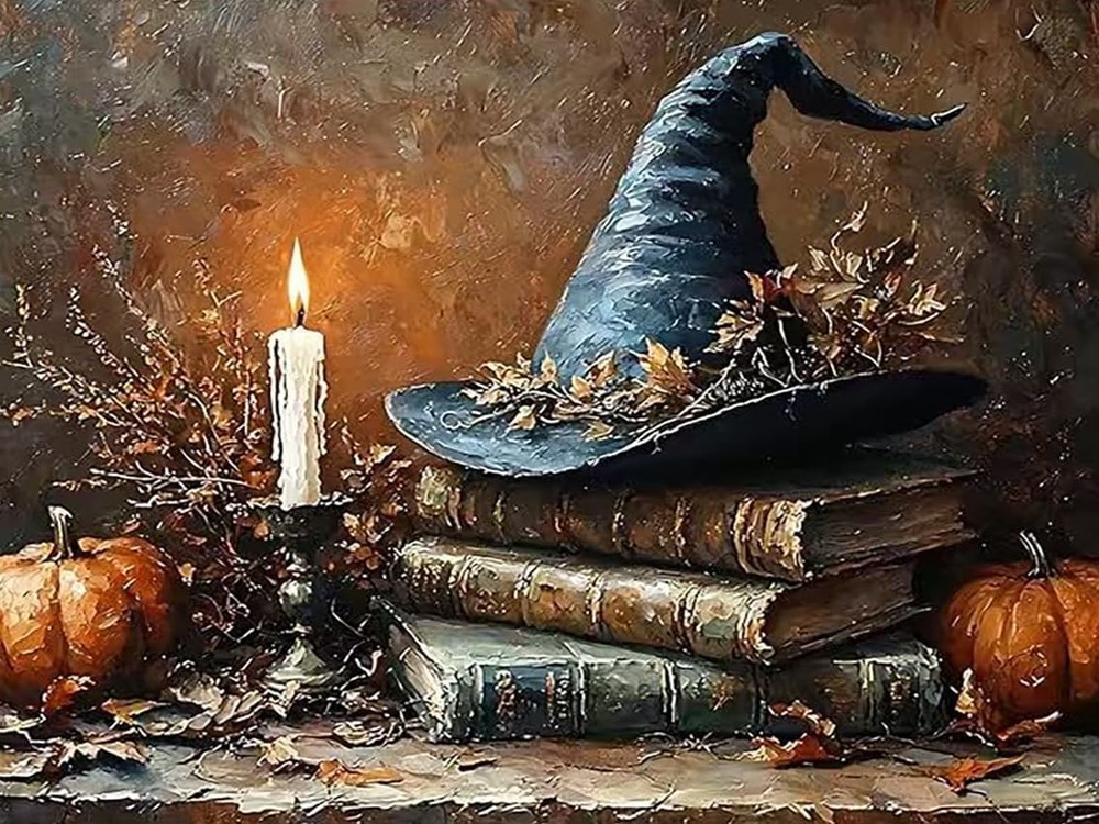 Witch’s Hat on Books Candle Pumpkins 5D Diamond Full Drill Dots Gem Paint Kit !!