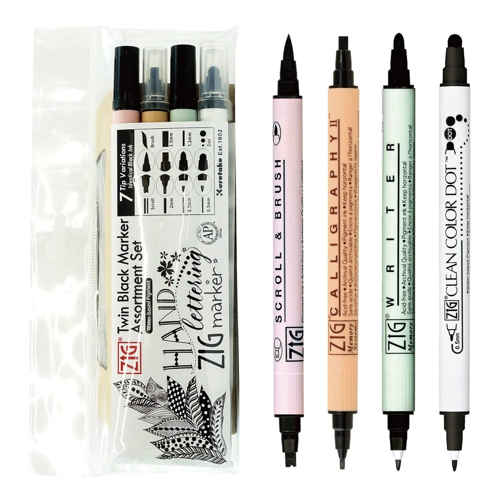 Kuretake ZIG Twin Marker Set Black 4 Assortment for Calligraphy & Journaling