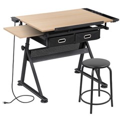 Drafting Table Wooden Drawing Desk Craft Station Artist w/Charging Station Stool