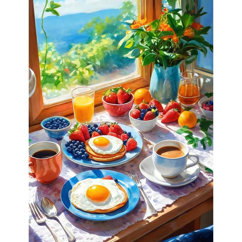 5D Breakfast Scene Diamond Painting Kits for Adults Beginners, Full Drill Round.