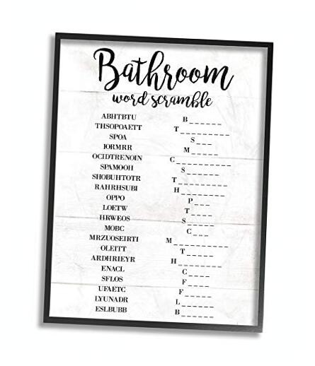 Bathroom Scramble White Word Wall Art, 11 x 14, 14L” x 11W” Black Framed