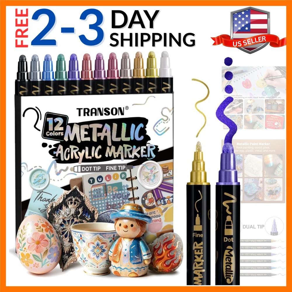 12Colors Metallic Paint Markers Bold and Fine Dual-tip for Rock Wood Ceramic …
