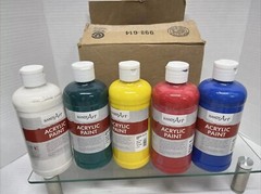 Lot Of 5 Handy Art Acrylic Paint White Green Yellow Blue And Red Open Bottles
