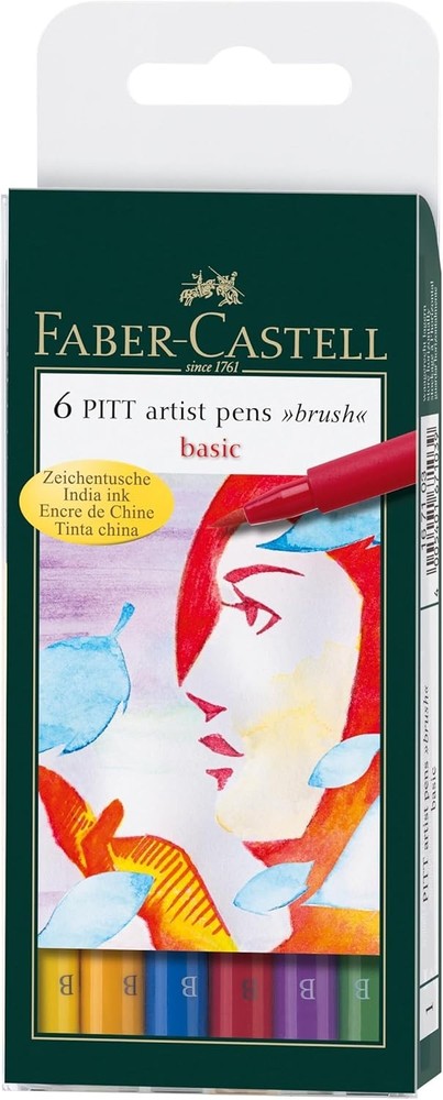 Faber Castell Pitt Artist Pens 6 Piece Set Basic Colors Brush Tip