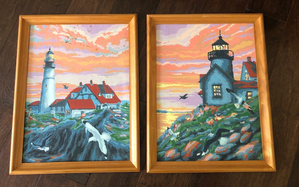 Paint By Number Set Of 2 New England Lighthouses Wood Frame 13.5”X 17.5”