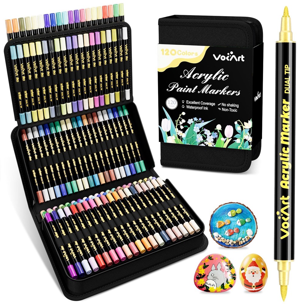 Acrylic Paint Markers 120 Colors Dual Tip Brush & Fine Pens – Perfect for DIY