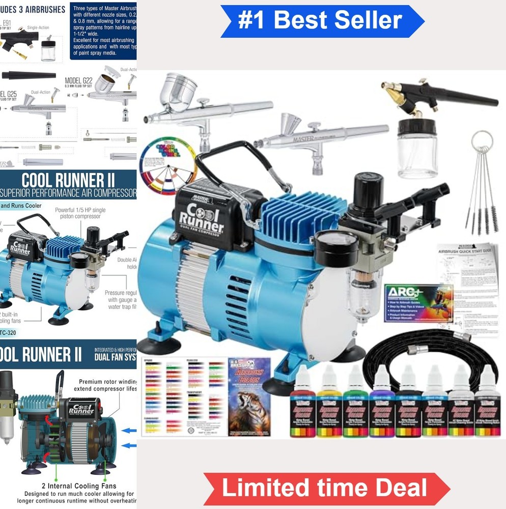 Airbrush Compressor Kit Dual Fan 1/5 HP 3 Airbrushes 6 Acrylic Paint Set For
