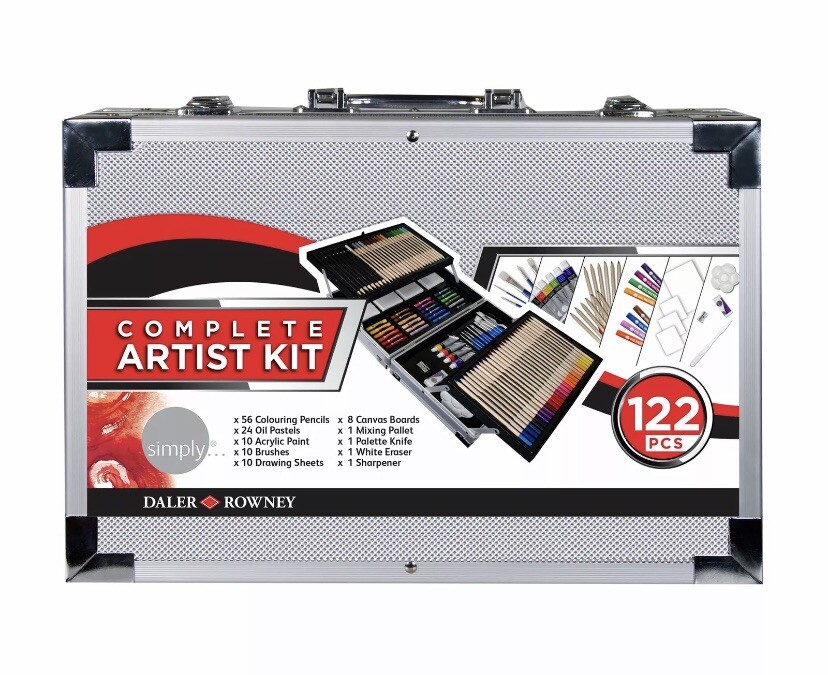 122 PCS Daler Rowney Complete Artist Kit Pencils Oil Pastels Metal Carrying Case