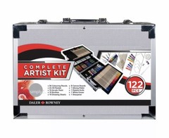 122 PCS Daler Rowney Complete Artist Kit Pencils Oil Pastels Metal Carrying Case