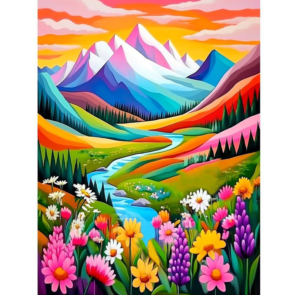 Mountain Paint by Numbers Kit for Adults, Flower Mountain Paint by Numbers Kits