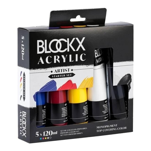 Share BLOCKX Primary Acrylic Artist Pigment Paint Starter set 5 x 120ml Great VA