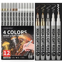Highlight Pens 12 Pack, White Ink Pens Set with Metallic Silver Gold Bronze