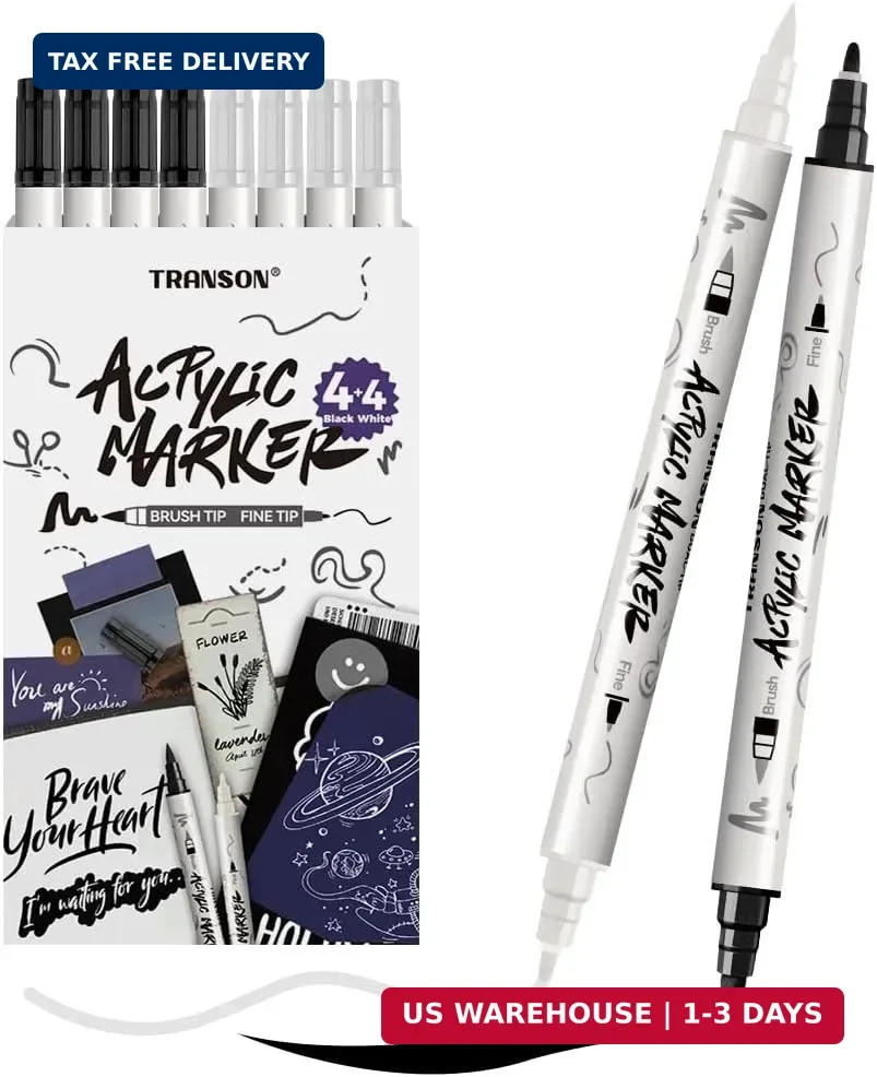 TRANSON 4 Black and 4 White Paint Markers Brush and Fine Dual-tip Acrylic Paint