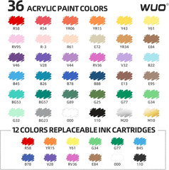 WUO 36 Colors Acrylic Paint Markers with Extra 12 Replaceable Ink Cartridges, Au
