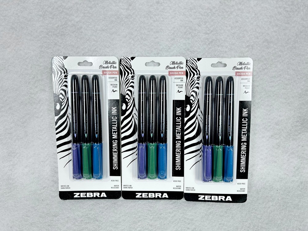 Zebra Shimmering METALLIC INK Marker Medium Brush Pen Blue Green Purple Lot of 3