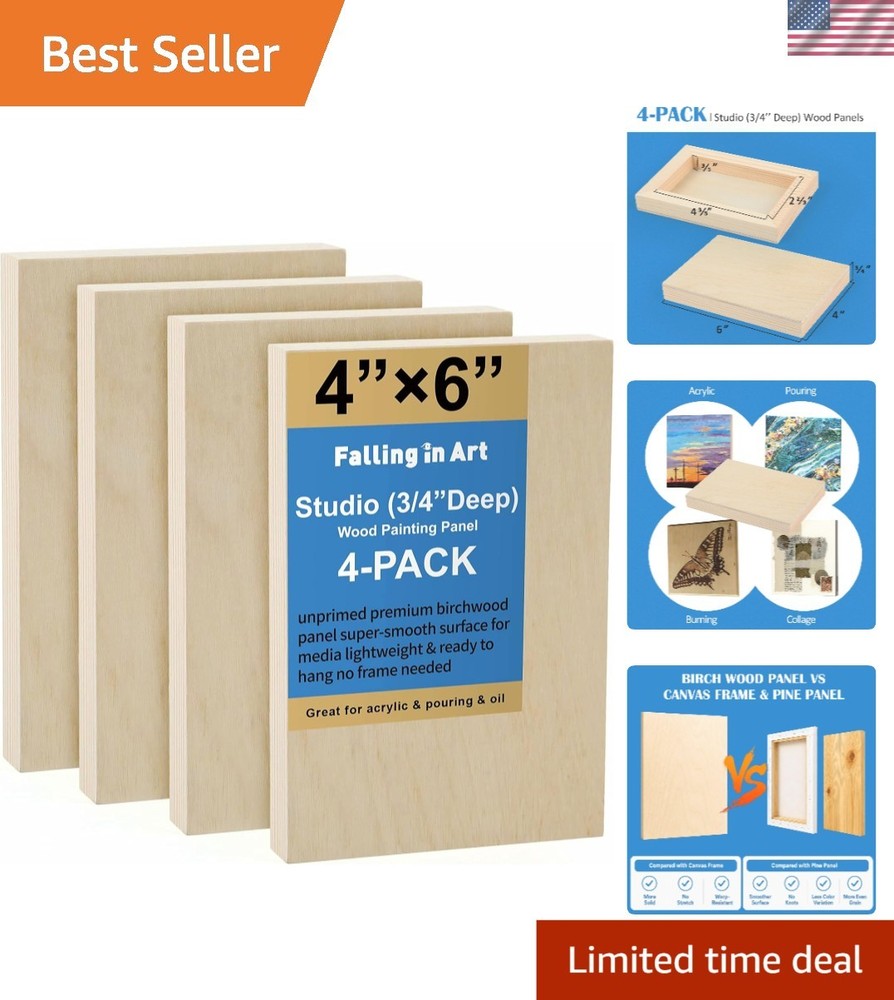 4-Pack 4×6” Unfinished Birch Wood Panels for Art & Crafts – Durable 3/4” Thick