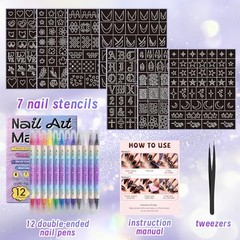 Nail Art Marker Pens with Stencils, 12 Colors Dual Brush Tip Water-Based Purple