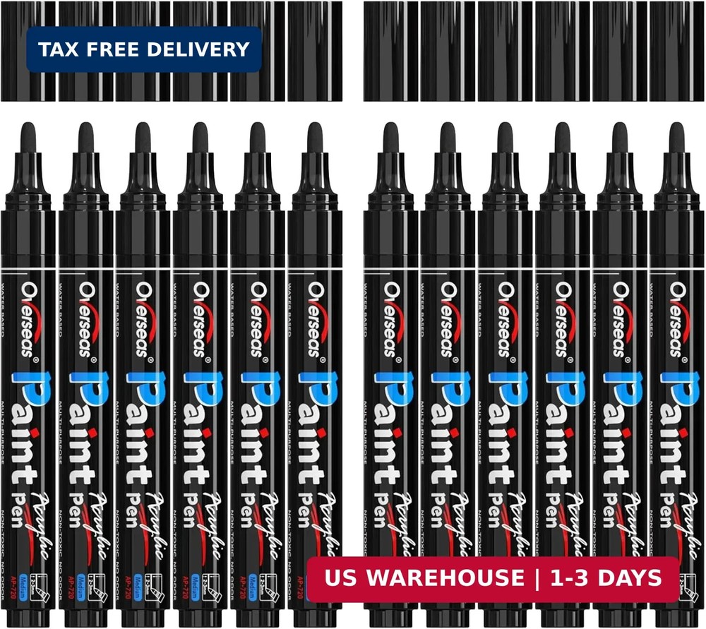 Overseas Black Paint Pens Paint Markers – Permanent Acrylic Markers 12 Pack, Wat