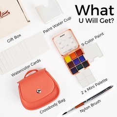 Mini Watercolor Set Travel Kit 9 Colors Leather Bag Paper Drawing Beginners