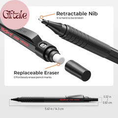Black Art Mechanical Pencil Set, 5PCS Metal Drafting Pencils 0.3, 0.5, 0.7, 0.9