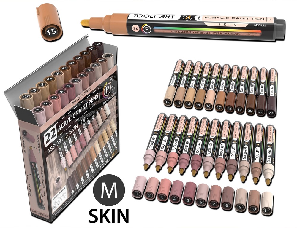 22 Acrylic Paint Marker Pen Skin Flesh Tones Pro Color Series Set 3mm Medium Tip