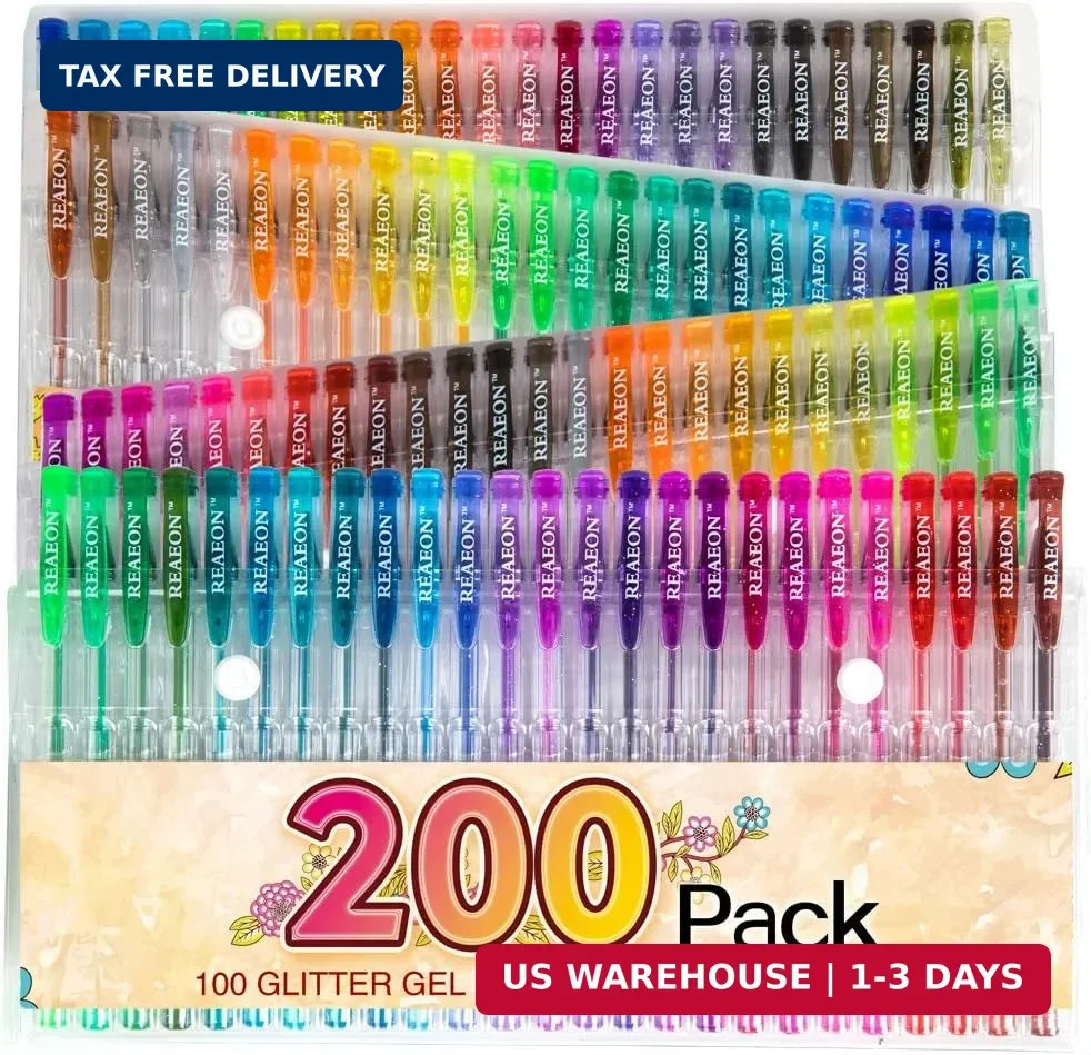 Reaeon 200 Glitter Gel Pen Set, 100 Gel Pens plus 100 Refills Glitter Neon Pen f