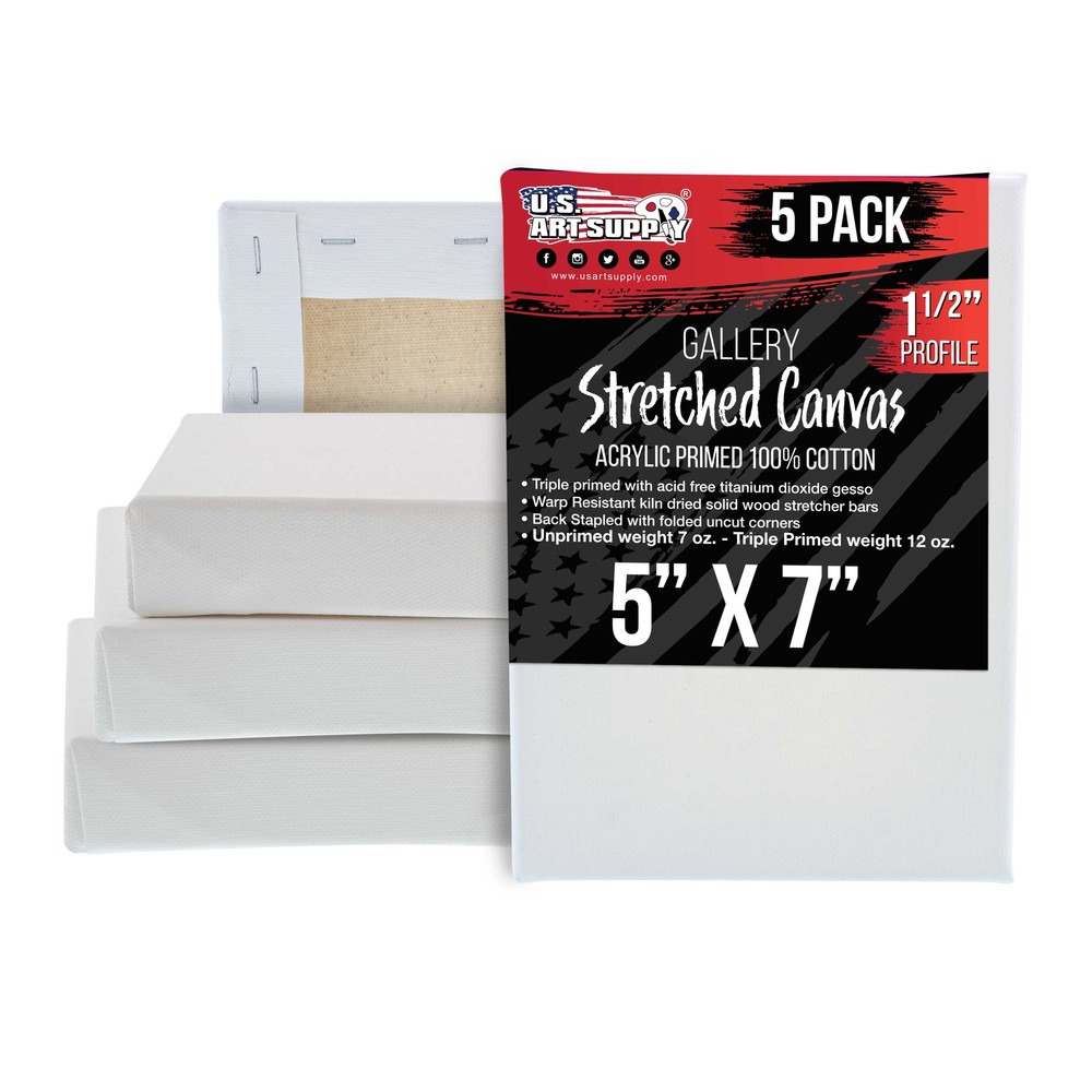 5″ x 7″ Gallery Depth 1-1/2″ Profile Stretched Canvas 5-Pack – Gesso Primed