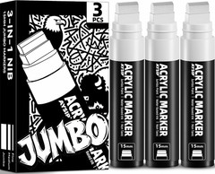 3 Jumbo Permanent Markers White, 15Mm Large Wide Tip, Thick Acrylic Paint Marker