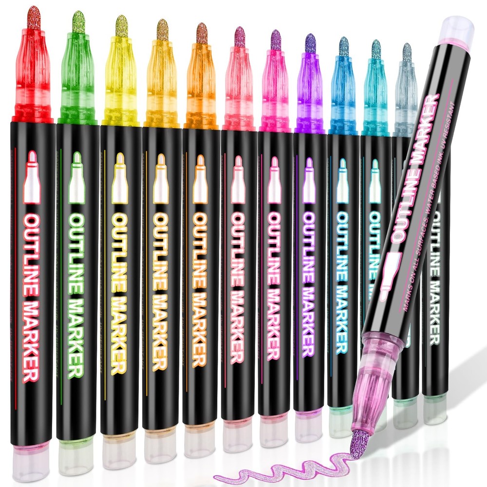 12 Colors Outline Shimmer Markers, Double Line Glitter Markers Pens for Chris…