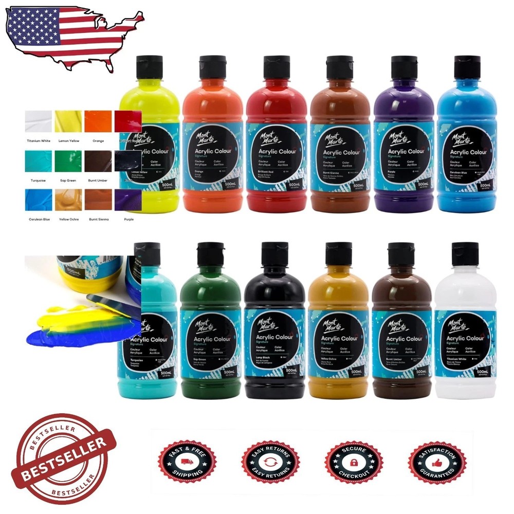 Acrylic Paint 12pk – 500ml Each, Fast-Drying, Semi-Matte, Artist Quality