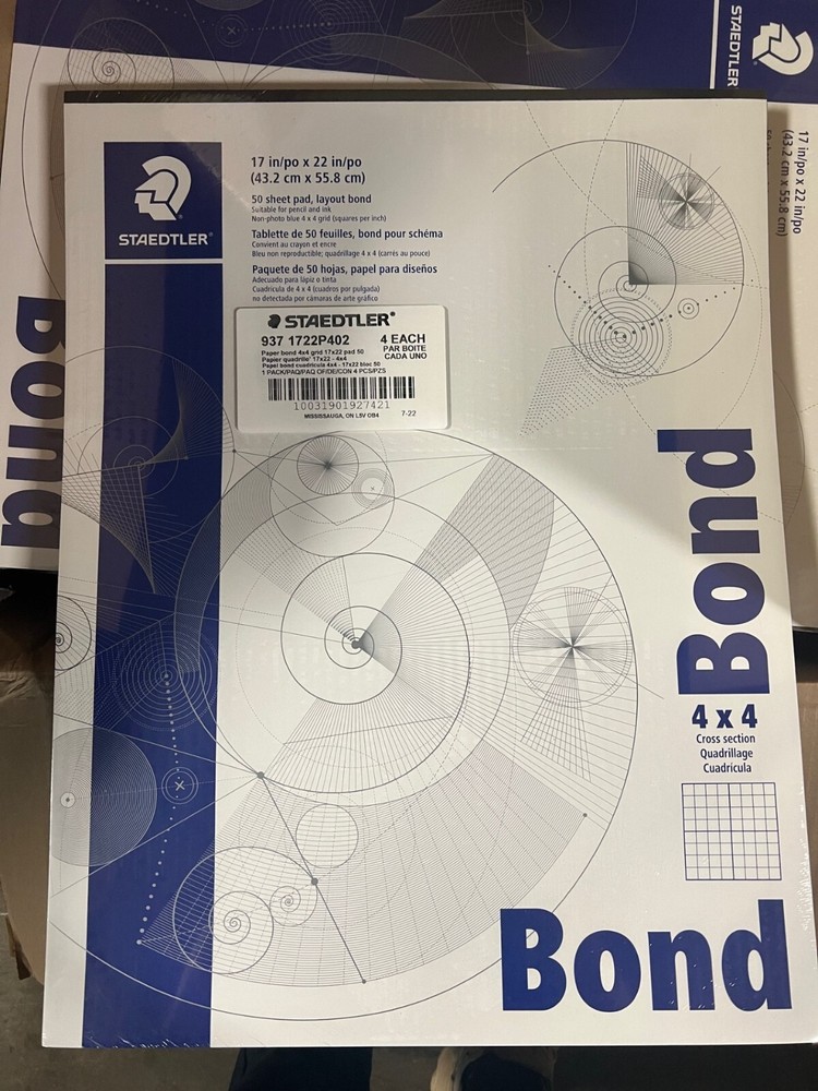 4 Pack Staedtler Bond Paper, 17″ x 22″, White With Blue Grid, 50 Sheets per Pack