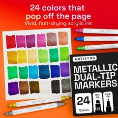 24 Metallic Dual-Tip Acrylic Paint Markers Set – Fine & Dot Tips for Fabric, Roc