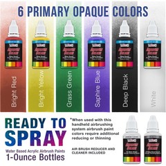 Master 3 Airbrush, Air Compressor Kit, Holder 6 Primary Colors Acrylic Paint Set