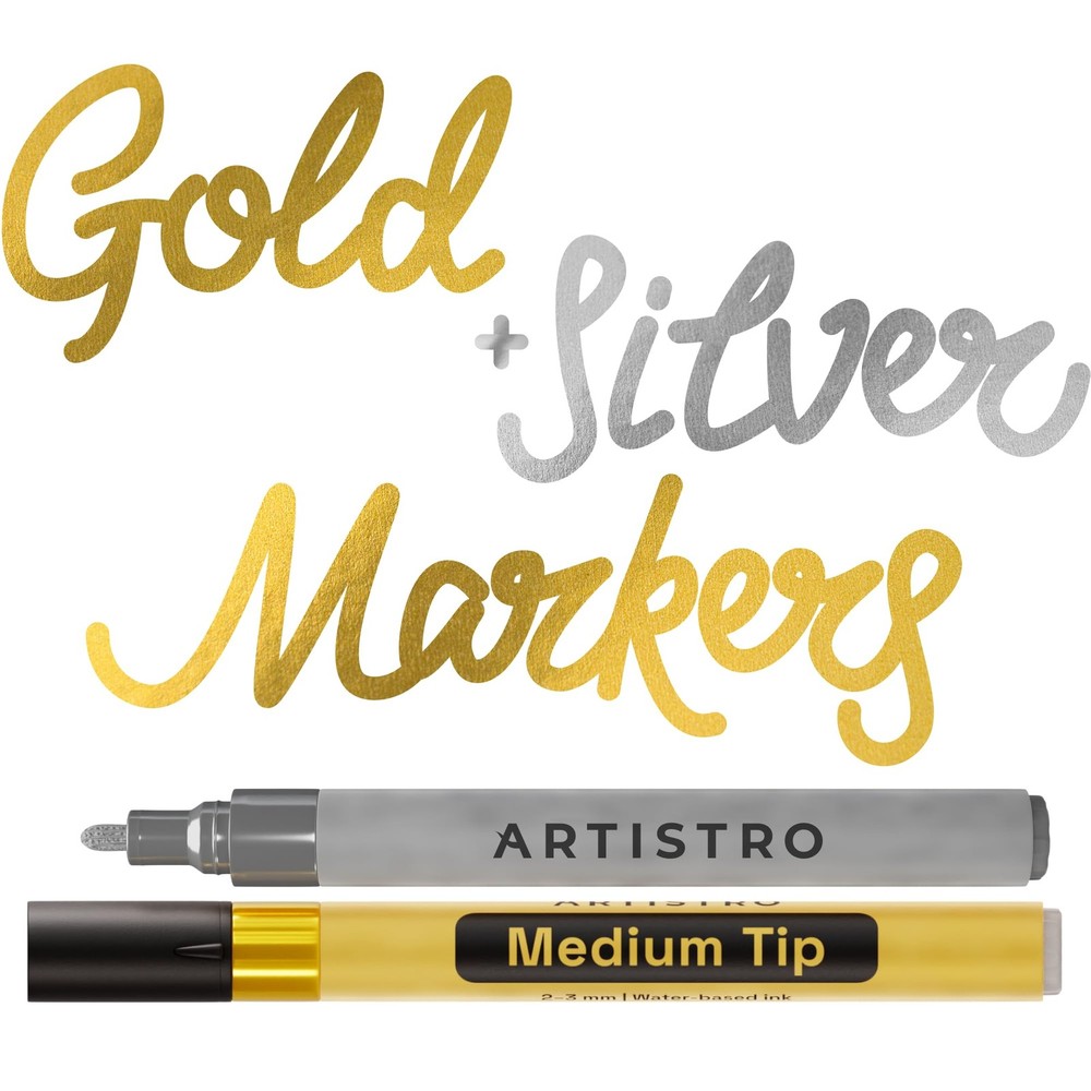 ARTISTRO 2 Gold & Silver Acrylic Paint Markers – 3mm Medium-Tip Paint Pens – Per