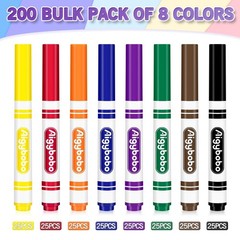200 Washable Markers Bulk Pack – 8 Assorted Colors, Broad Tip, Art Supplies for