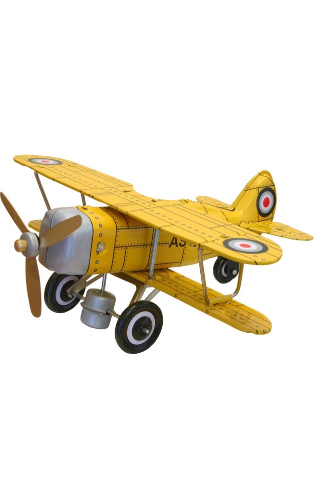 MS454Y – Collectible Tin Toy – Yellow “Curtis” biplane – 3″H x 7.25″W x 7.75″D