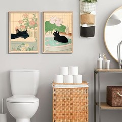 2Pcs Framed Japanese Style Black Cat Wall Art Bathroom Decor Painting Vintage…