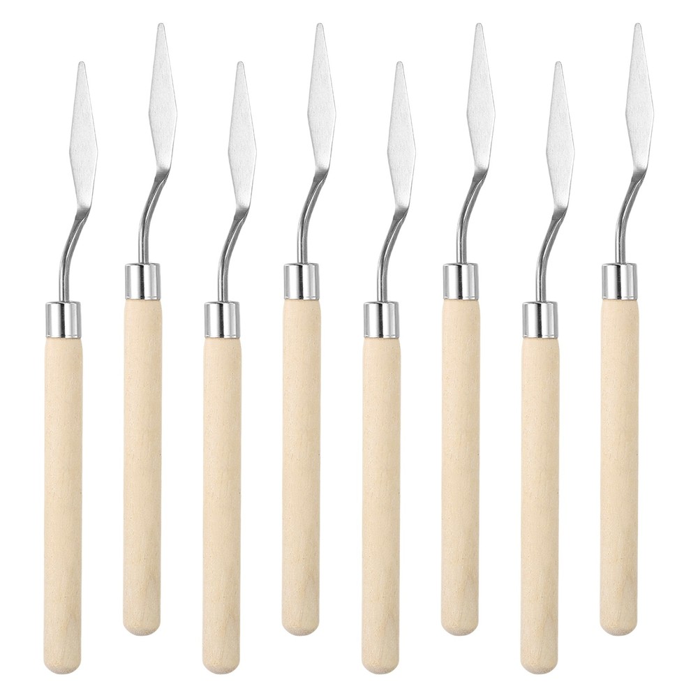 6.3″ 8 Pcs Stainless Steel Palette Knife Birch Mini Pointed, Natural Wood Color