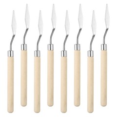 6.3″ 8 Pcs Stainless Steel Palette Knife Birch Mini Pointed, Natural Wood Color