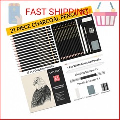 GETFOO 21pc Drawing Sketching Pencil Set Graphite 14B-5H & Charcoal Pencils
